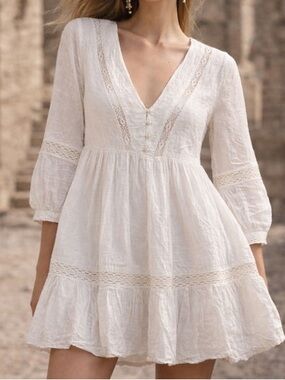 Boho V-Neck Lace Trim Mini Dress in Ivory